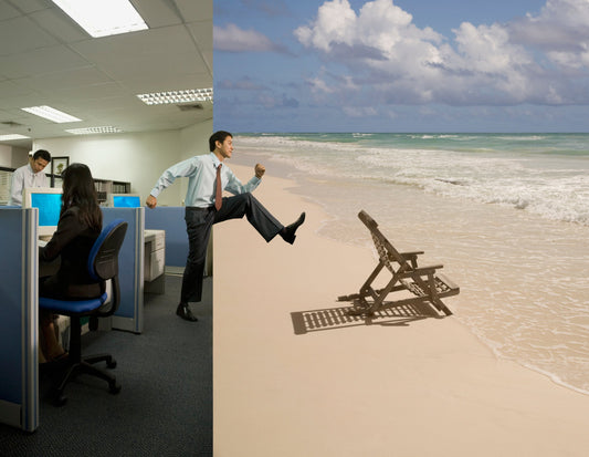 Man jumping from office to beach